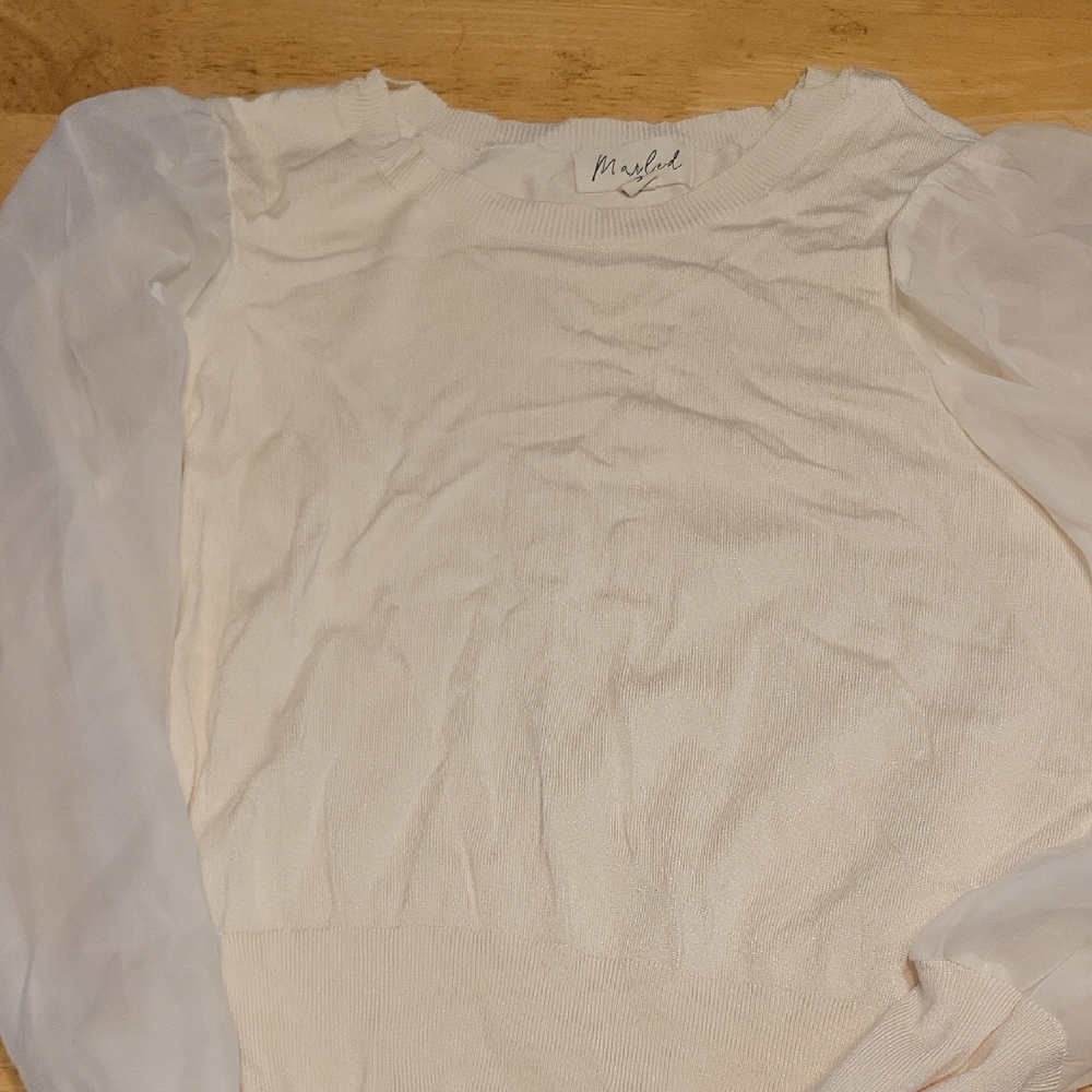 Marled Ivory Blouse with Sheer Sleeves